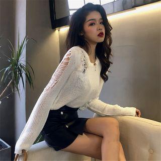 Mesh Panel Ripped Long-sleeve Cable Knit Top