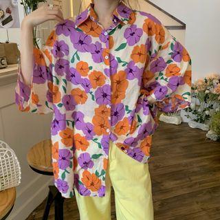 Short-sleeve Floral Print Hawaiian Shirt Purple & Yellow - One Size