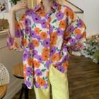 Short-sleeve Floral Print Hawaiian Shirt Purple & Yellow - One Size