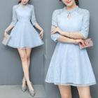 Lace Elbow-sleeve Stand-collar Minidress