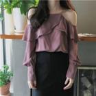 Cold-shoulder Ruffle-trim Blouse Purplish Red - One Size