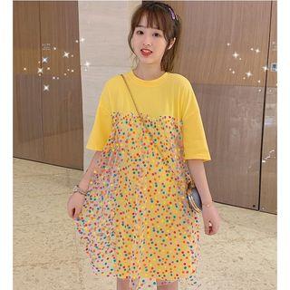 Elbow-sleeve Dotted Panel Dress