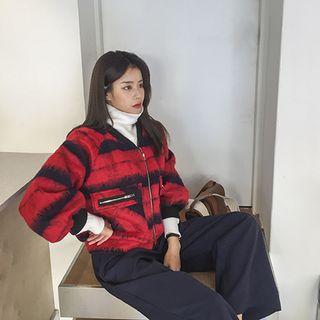 Flap-pocket Furry Plaid Bomber Jacket