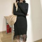 Lace Panel Long-sleeve Midi Knit Dress