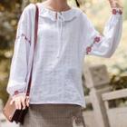 Rose Embroidered Tie-neck Long-sleeve Blouse