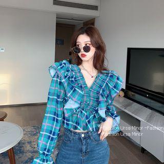 Long-sleeve Ruffled Plaid Top As Shown In Figure - One Size
