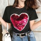 Short-sleeve Heart Sequined T-shirt