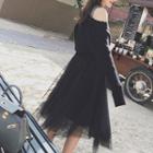 V-neck Sweater / Sleeveless Midi A-line Mesh Dress / Set