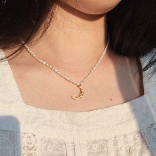 Stainless Steel Moon Pendant Freshwater Pearl Necklace 1 Pc - Pearl White & Gold - One Size