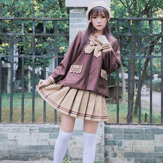 Bow Accent Snap-button Jacket / Striped Trim Pleated Skirt