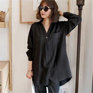 One-button Half-placket Textured Cotton Shirt