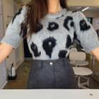 Puff-sleeve Leopard Knit Top