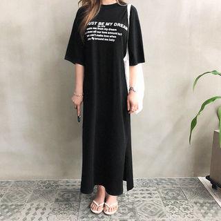 Lettering Maxi T-shirt Dress With Sash