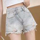 High-waist Asymmetric Ripped Denim Shorts