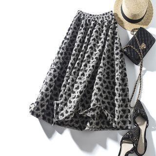 Heart Embroidered Midi A-line Skirt Black Heart Embroidery - White - One Size