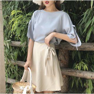 Plain Tie Detail Elbow Sleeve Chiffon Top