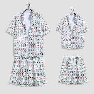 Set: Short-sleeve Mahjong Print Hawaiian Shirt + Shorts