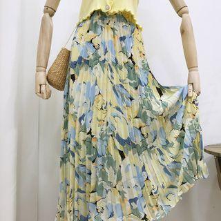 Band-waist Printed Accordion Pleated Midi A-line Skirt