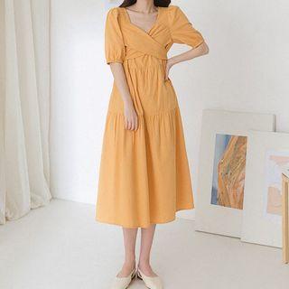 Wrap-front Bow-back Check Short-sleeve Dress