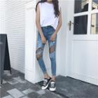 Cropped Mesh Panel Ripped Skinny Jeans