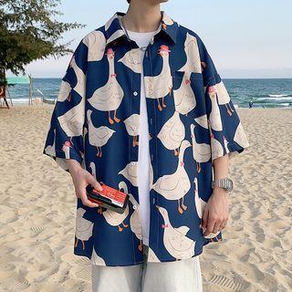 Elbow-sleeve Cartoon Print Hawaiian Shirt