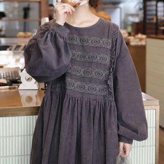 Lace Panel Corduroy Dress Purple - One Size