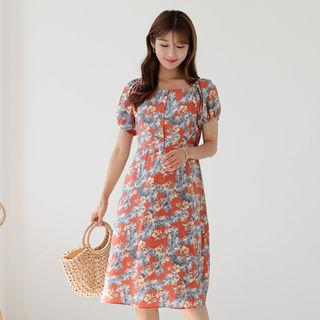 Puff-sleeve Pattern A-line Dress