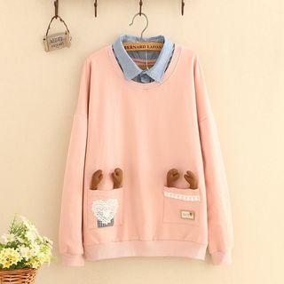 Mock Two Piece Antler Accent Collared Pullover