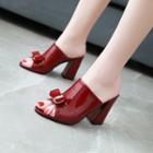 Patent Ribbon Accent Peep-toe Chunky Heel Sandals