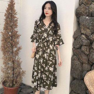 Elbow-sleeve Floral Printed Tie Waist Dress
