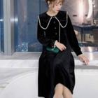 Velvet Long-sleeve Midi Shirt Dress Black - One Size