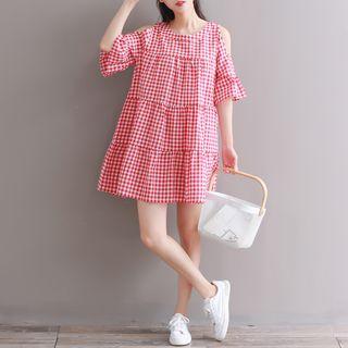 3/4-sleeve Cold-shoulder Plaid A-line Dress