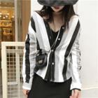 Striped V-neck Long-sleeve Loose-fit Shirt As Figure - One Size