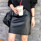 Band-waist Faux-leather Mini Skirt Black - One Size