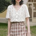Short-sleeve Lace Button-up Top / Plaid Mini Skirt