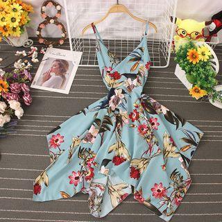 Spaghetti Strap Floral Irregular Hem A-line Dress