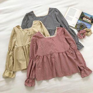Color-block Plaid Square-neck Long-sleeve Blouse