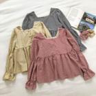 Color-block Plaid Square-neck Long-sleeve Blouse