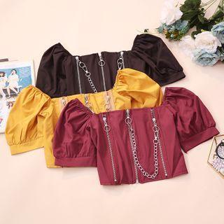 Puff-sleeve Chained Zip Crop Top