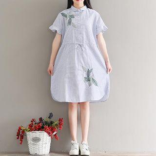 Leaf Embroidered Striped Short-sleeve Shirt Dress