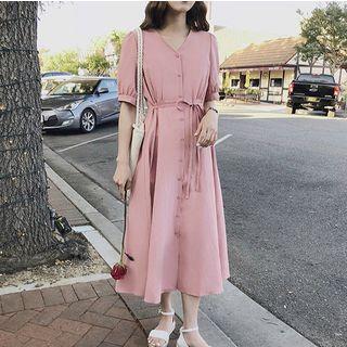 Linen Short-sleeve Midi A-line Dress