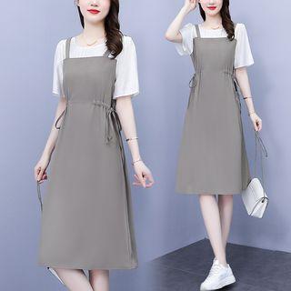 Mock Two-piece Short-sleeve Drawstring Midi A-line Dress