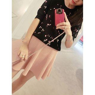 Set: Short-sleeve Floral Embroidered Knit Top + A-line Knit Skirt