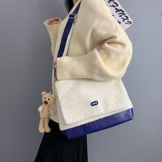 Furry Color-block Flap Crossbody Tote Bag