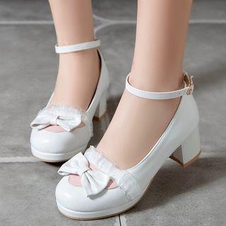 Lace Trim Bow Ankle Strap Chunky Heel Pumps