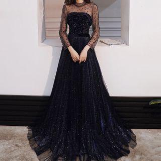 Long-sleeve Rhinestone Mesh A-line Evening Gown
