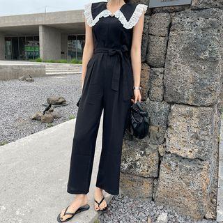 Sleeveless Lace-trim Jumpsuit With Sash