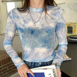Long-sleeve Tie Dye Mesh Top Blue - One Size