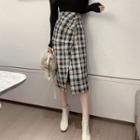 High-waist Plaid Slit Skirt