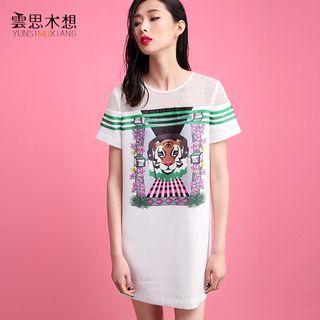 Mesh Yoke Tiger Print Short-sleeve Dress